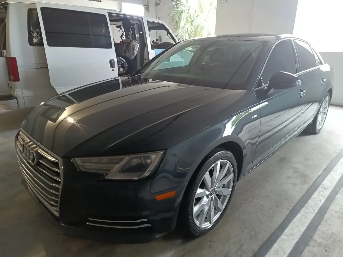 Freshly washed black Audi sedan parked beside our work van