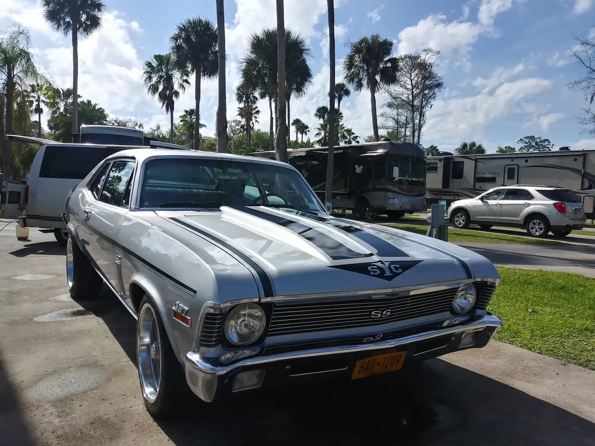Silver classic muscle car with black racing stripes after an exterior detail