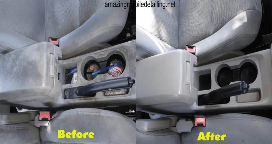Center console and cup holders shown side by side before and after cleaning