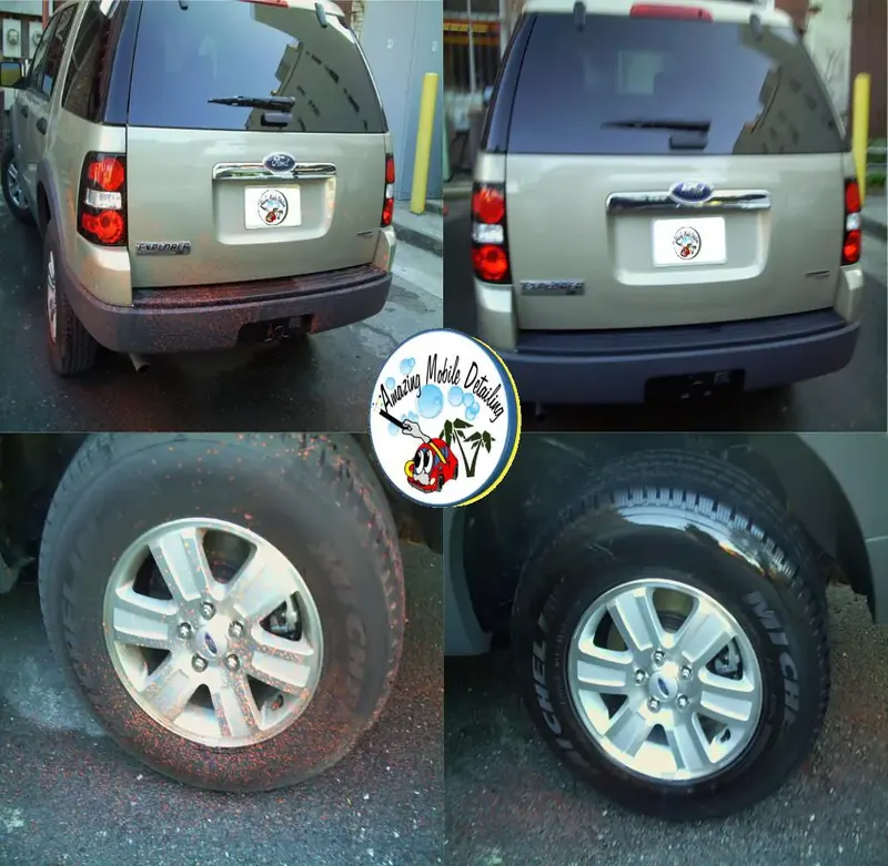 SUV rear and wheel before and after overspray removal