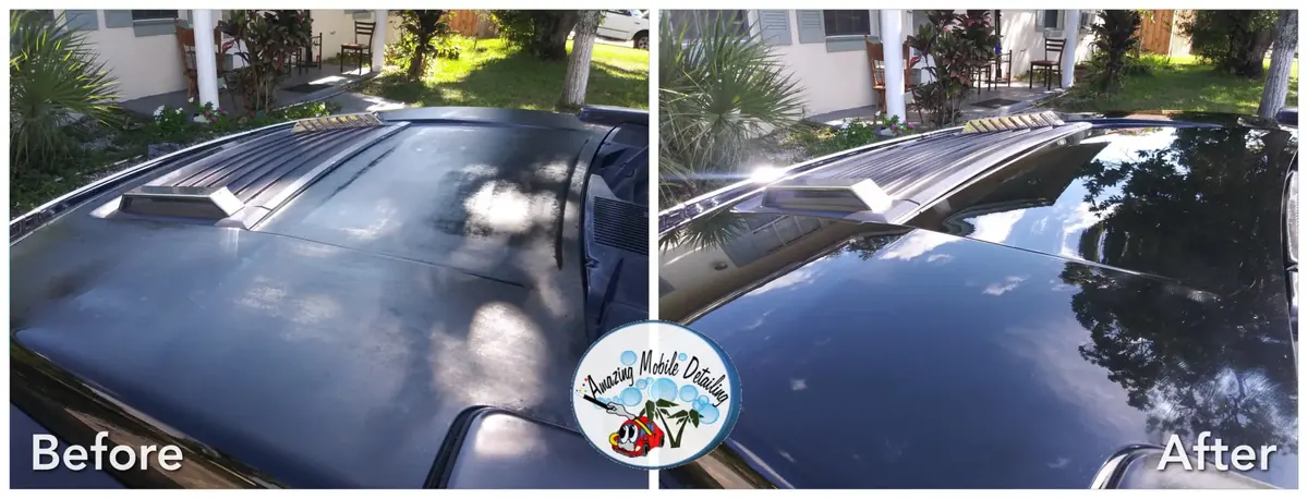 Dark car roof, dull and swirled on the left and glossy on the right, before and after paint correction