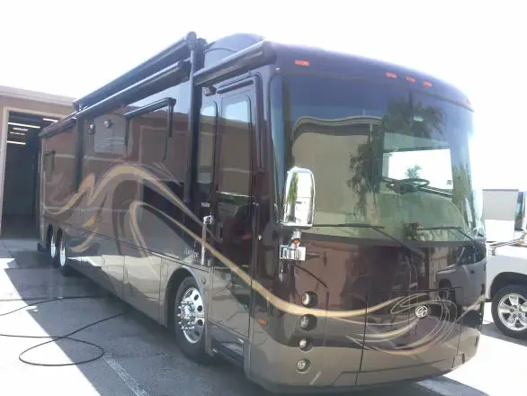 Class A motorhome after an exterior detail
